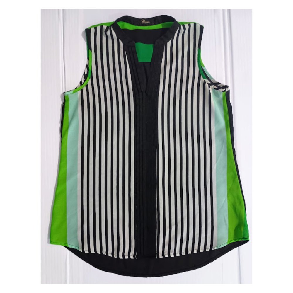 Cupio Sleeveless V-Neck Black, White, and Kelly Green Pleated Striped Blouse